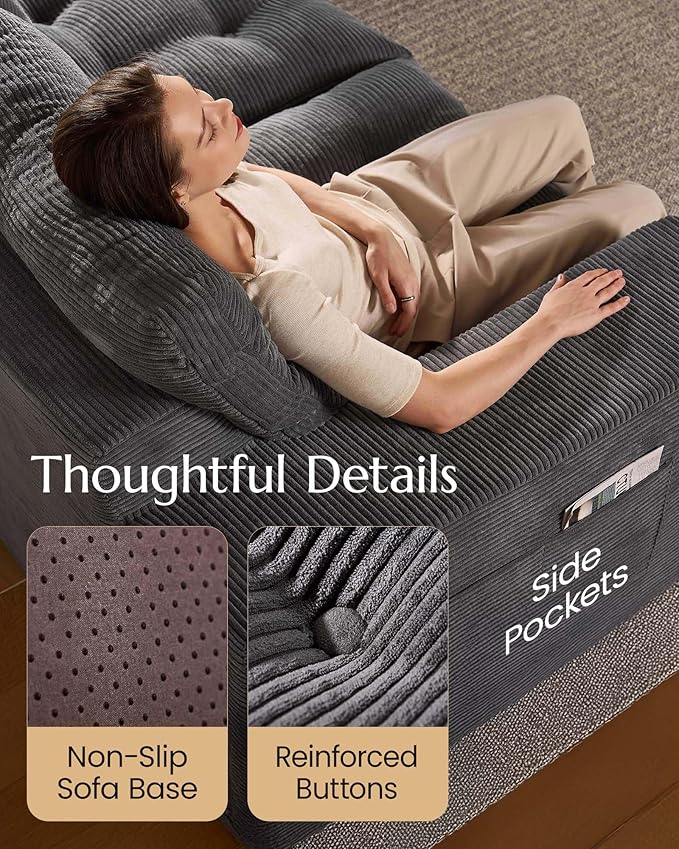 High Back Boneless Couch, Oversized Cloud Couch with Versatile 2-Pack Pillow Blankets, Corduroy Modular Sectional Sofa with Ottoman, No Assemble Sectional Couches for Living Room, Dark Grey