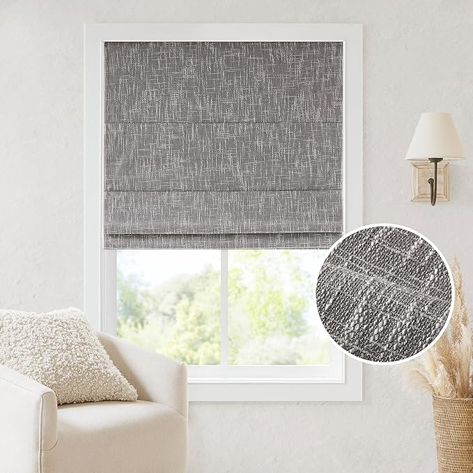 Madison Park Cordless Roman Shades, Total Blackout Window Blind Privacy Window Shades, Thermal Insulated Cordless Window Treatment for Bedroom, Living Room, Quincy, Single Panel 29" W X 64" H Grey