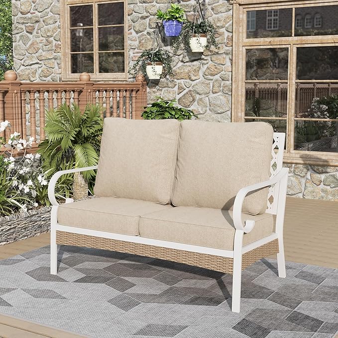 Patio Furniture Sofa, Love-Seat Patio Sofa Steel Frame Outdoor Sectional Couch with Deep Seating and 5.5” Cushions for Lawn Backyard Porch Deck, Beige