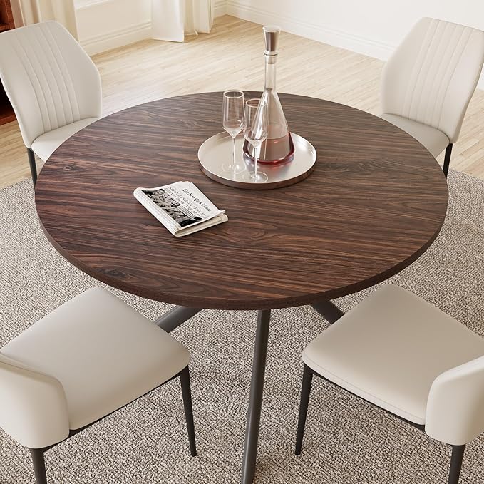 45.3'' Walnut Round Dining Table Set for 4, Mid Century Modern Small Coffee Set for Dining Room Kitchen Apartment (Dark Walnut Table + 4 White Chairs)