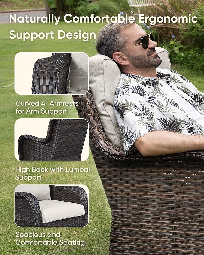 HUMMUH 3-Piece Swivel Rocking Rattan Chair Outdoor, Patio Bistro Furniture Conversation Set, Cushioned Wicker Chair with Glass Coffee Table (Brown, Beige)