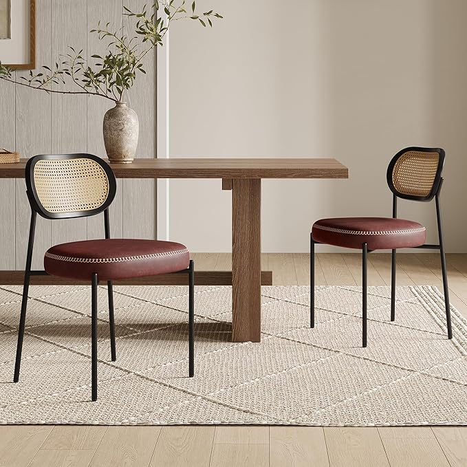 Rattan Dining Chairs Set of 2, Wine Leather Upholstered Dining Chairs with Rattan Cane Back, Mid Century Modern Dining Room Chairs with Black Metal Legs & D-Shaped Thicken Cushion, Wine