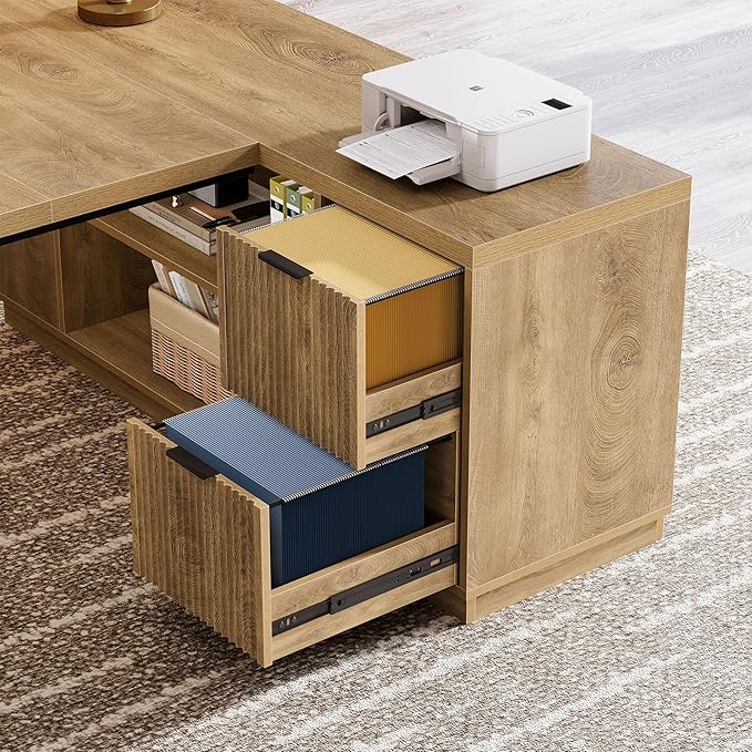 Tribesigns 78" L Shaped Desk with Drawers, Large Executive Office Desk with File Cabinet and Shelves, Modern Corner Computer Table Business Furniture for Home Office, Brown