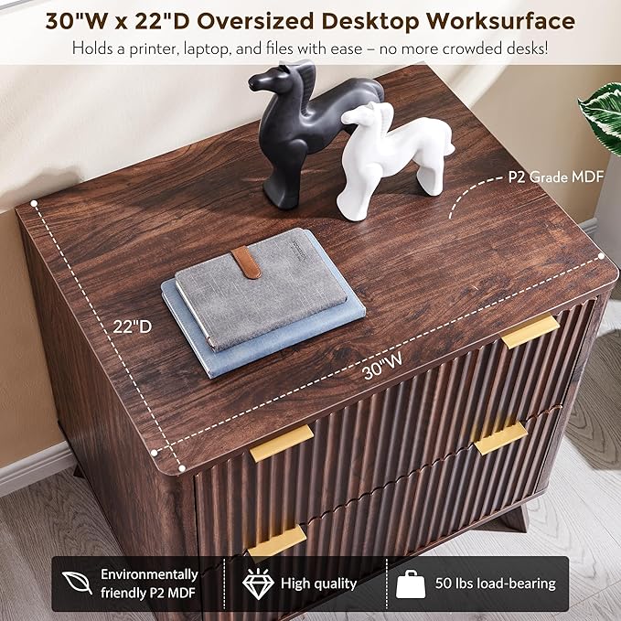 T4TREAM Fluted File Cabinet, 30" Lateral File Cabinet w/Files Hanging Rod for Letter/Legal/A4, Large Tabletop for Printer, Wood Filing Cabinets for Home Office, Walnut