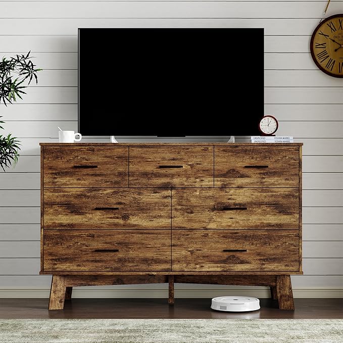 Dresser for Bedroom with 7-Drawer, 47.2" Wide Modern Chest of Drawers with Metal Handles, X-Shape Base & Adjustable Center Leg, Anti-Tip Closet Organizers and Storage