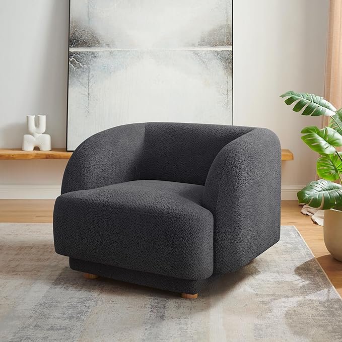 VANOMi Oversized Living Room Chair, Modern Comfy Accent Barrel Chairs, Single Sofa Chair with Wood Legs, Upholstered Armchair for Bedroom, Office, Waiting Room (Dark Gray)