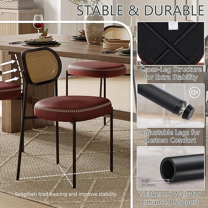 Rattan Dining Chairs Set of 6, Wine Leather Upholstered Dining Chairs with Rattan Cane Back, Mid Century Modern Dining Room Chairs with Black Metal Legs & D-Shaped Thicken Cushion, Wine