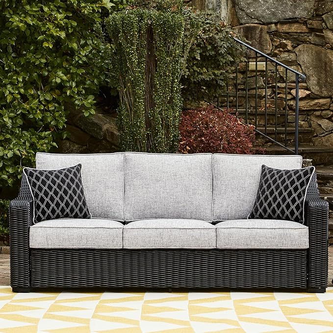 Signature Design by Ashley Beachcroft Casual Nuvella Weather Resistant Fabric Outdoor/Indoor Sofa with Cushion and 2 Toss Pillows, Black & Light Gray