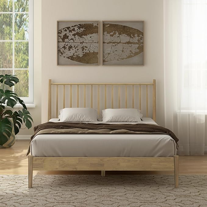 NTC Inno Wooden Bed Frame with Headboard, Solid Oak and Rubber Wood Foundation with Silent Slats and Wood Central Supports, 1000 Lb Capacity, Effortless Assembly, Queen - Sand