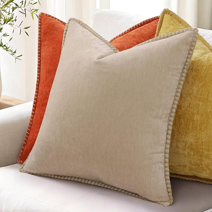 decorUhome Chenille Soft Throw Pillow Covers 18x18 Set of 2, Farmhouse Velvet Neutral Decorative Euro Pillow Covers with Stitched Edge for Couch Sofa Bed Home Decor, Beige