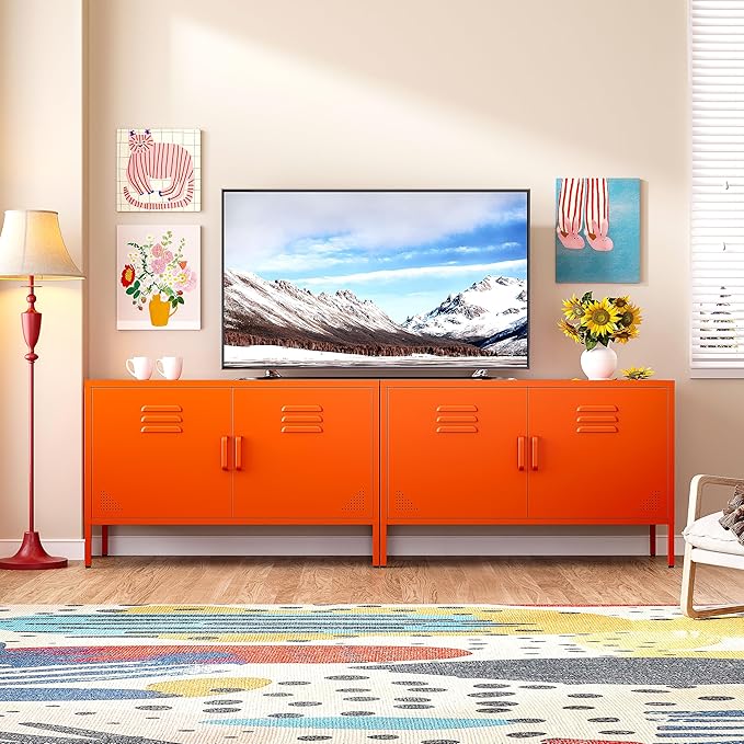SISESOL Orange Metal Storage Cabinet with Doors and Shelves,2 Door Wide Metal Locker Accent Storage Cabinet with Leg & Vent Hole,Wide TV Cabinets,Low Side Cupboard for Home,Office,Dining/Living Room