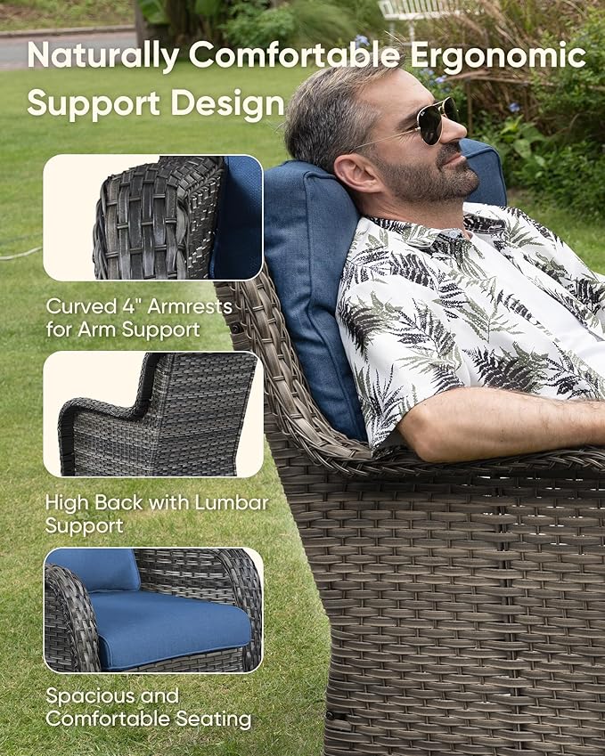 7-Piece Outdoor Wicker Patio Furniture Set with Swivel Glider Chairs, 3-Seat Sofa, Coffee Table & Ottomans 5” Olefin Cushions Ergonomic Neck-Lumbar Backrest All-Weather Rattan for Garden, Deck, Porch