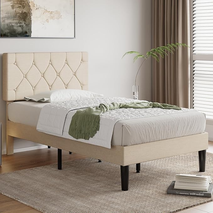 VECELO Twin Size Bed Frame with Button Tufted Headboard, Upholstered Platform Bedframe with Wood Slat Support, No Box Spring Needed, Cream Beige