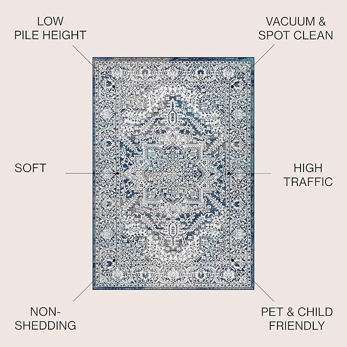 JONATHAN Y Modern Vintage Medallion Navy/Light Gray Indoor Area Rug, 10x13, Country, Floral, Easy-Cleaning for Living Room, Bedroom, Kitchen, Pet Friendly, Non-Shedding (MDP100B-13)