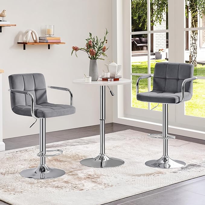 Yaheetech Velvet Bar Stools Set of 4, Adjustable Barstools with Armrest, Counter Height Stool Chairs with Thickened Seat Cushion for Kitchen Island, Dark Grey