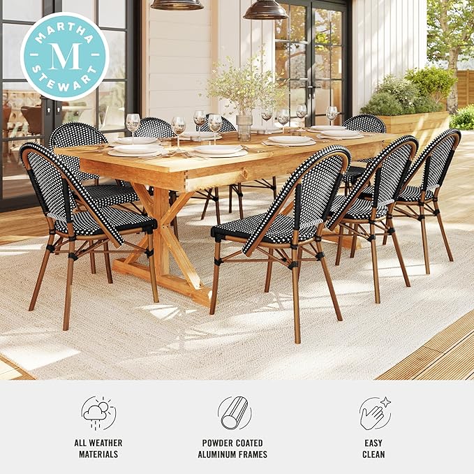 Martha Stewart Lily Pond Indoor-Outdoor Stackable Bistro Chairs with Natural Woodgrain Aluminum Frame Finish, Black/White Woven Rattan Backrests/Seats, Set of 2