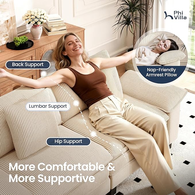 PHI VILLA Cloud Modular Couch Sets, 157.5" Sectional Sofa with L-Shaped Chaise Ottoman, 5-Seater Couches with Upholstered Deep Seat for Living Room Chenille Corduroy Dual Fabric, Beige
