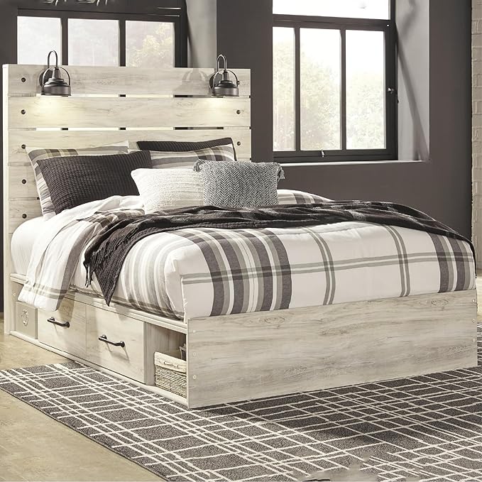 Signature Design by Ashley Cambeck Farmhouse Queen Panel Platform Bed with 2 Storage Drawers, Cubbies, Sconce Lights and USB Ports, Foundation or Box Spring Not Needed, Whitewash