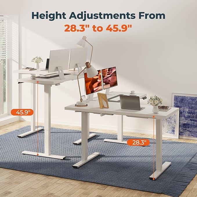 L-Shaped Standing Desk, 63 x 55 Inches Height Adjustable Desk with Storage, Sit and Stand up for Work Office Home, Ergonomic Rising Computer Table for Home Office with Splice Board, White