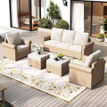 Patio Furniture Set 5 pcs, Wicker Rattan Sofa with 5.5" Thick Waterproof Cushions, 2 Chairs and Ottomans, All Weather Outdoor Conversation Set for Backyard Deck, 7 Seats Beige