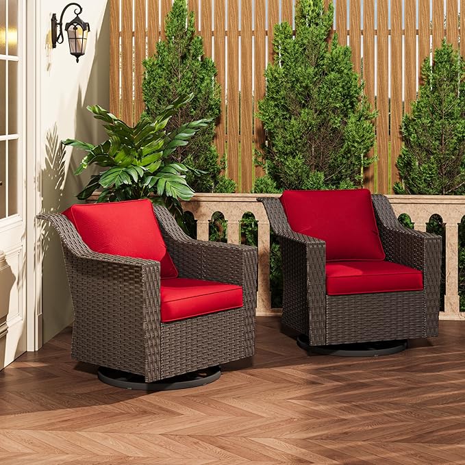 Patio 2 Pieces Wicker Swivel Chairs Set of 2，Outdoor PE Rattan Rocking Glider Armchairs, Water-Resistant Cushions with Removable and Washable Covers, Porch, Balcony, Sunroom (RED)