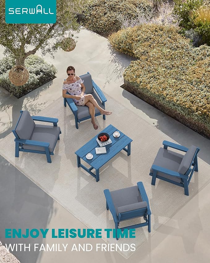 SERWALL Outdoor Patio Furniture Set, 5 Piece HDPE Patio Conversation Sets, All-Weather Wood-Like Outdoor Couch Loveseat and Coffee Table with Thick Cushions for Porch Balcony Garden Backyard