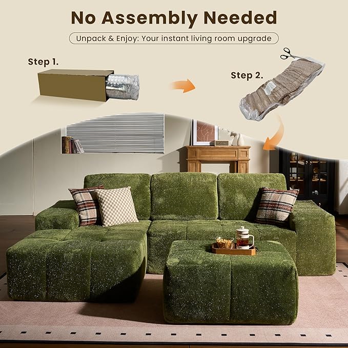 114" Glitter Cloud Sectional Couch with L-Shape Chaise & Ottoman, Modern Boneless Couches for Living Room, Fluffy Tufted Deep Seat Modular Sofa No Assembly (Green Sparkly Velvet,Left Facing)