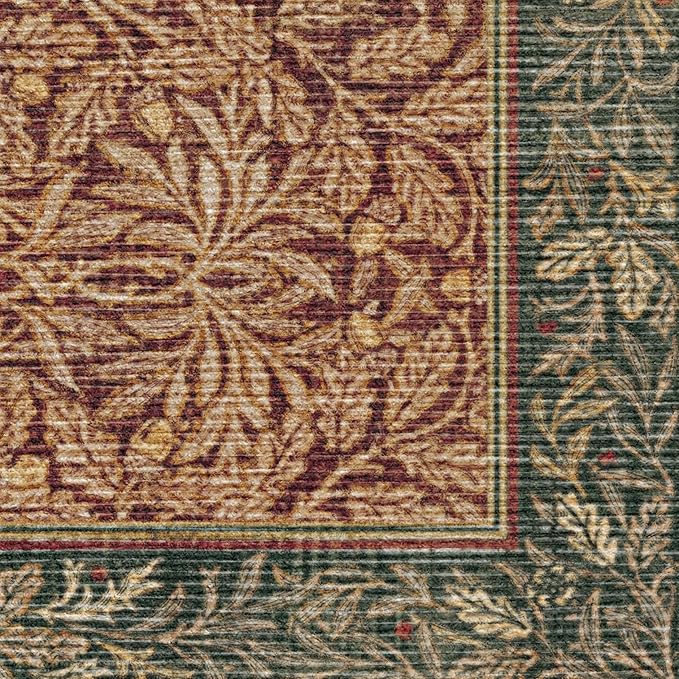 RUGGABLE x Morris & Co Machine Washable Christmas Area Rug – Acorn Amber Red 8 ft Round, Stain-Resistant, Non-Slip – Large Rugs for Living Room, Bedroom, Hallway, Entryway & Office–with Standard Pad