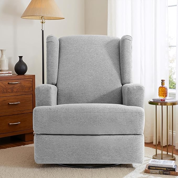 Swivel Glider Recliner Chair for Adults with Deep Seat - High Back Rocker Reclining Accent Chair, Manual Recliner for Living Room & Nursery, Comfortable Upholstered Fabric Armchair-Light Gray