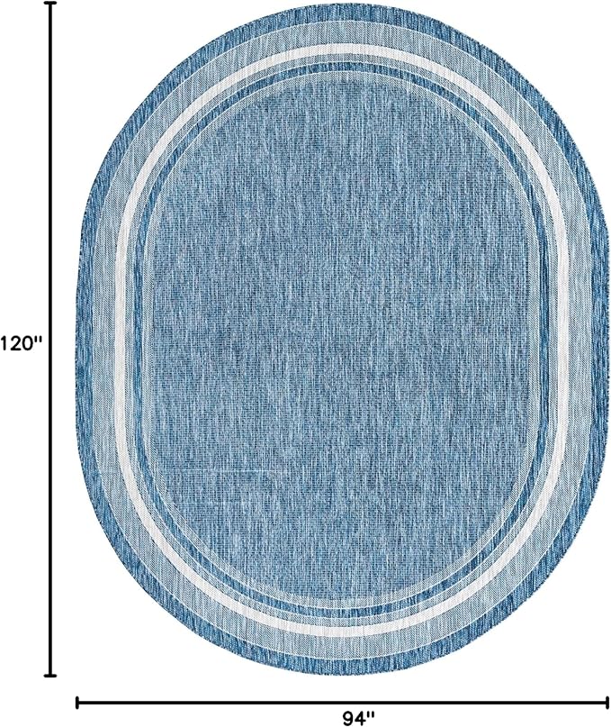 Unique Loom Outdoor Border Collection Area Rug - Soft Border (7' 10" x 10' Oval, Blue/ Ivory)
