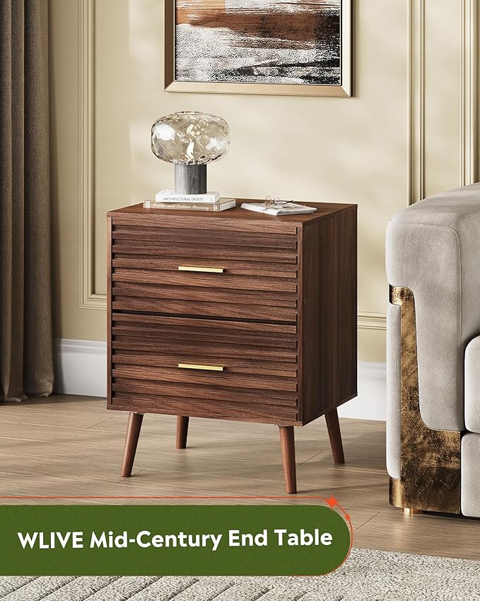 WLIVE Wood Night Stand with 2 Drawers, Mid Century Modern Nightstand, Fluted Bed Side Tablefor Bedroom, Dorm, Living Room End Table