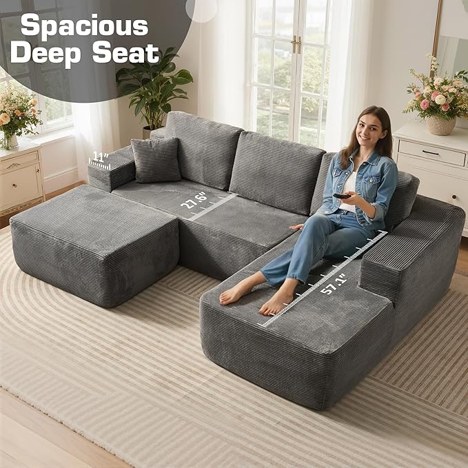 106" Cloud Sectional Couch with L-Shape Chaise & Ottoman, No Assembly Modular Sofa, Deep Seat Corduroy Boneless Couched for Living Room (Gray Stripe Corduroy, Right Facing Chaise with Ottoman)
