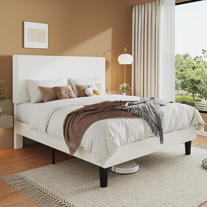 Allewie Full Size Upholstered Bed Frame with Vertical Channel Tufted Headboard, Soft Corduroy Fabric Platform Bed, Strong Wooden Slats Support, Easy Assembly, No Box Spring Needed, White