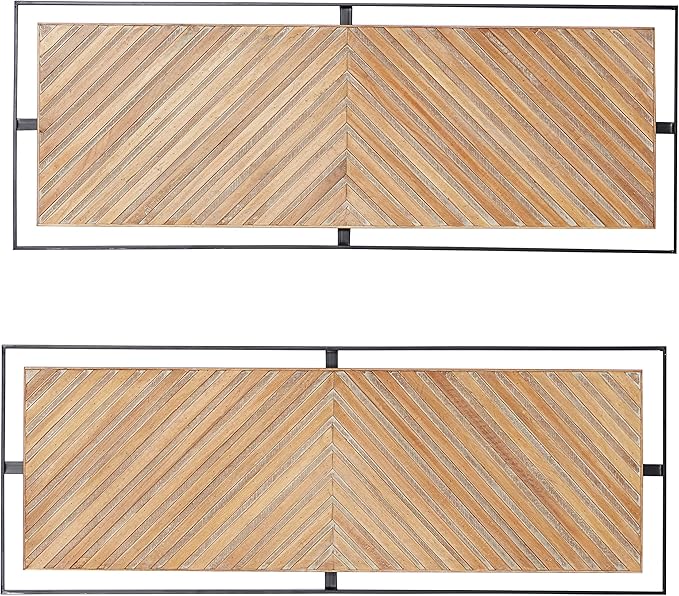 Deco 79 Wooden Geometric Home Wall Decor Linear Carved Wall Sculpture with Black Frame, Set of 2 Wall Art 32"W, 12"H, Brown