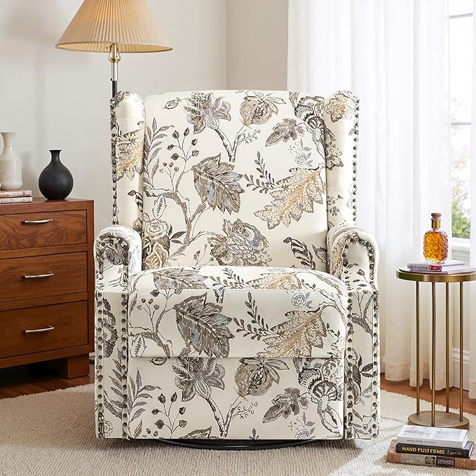 Premium 360° Swivel Recliner Chair with Footrest - Luxurious Cotton Linen & Botanical Design-Cream Plant