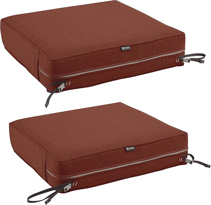 Classic Accessories Montlake Water-Resistant 23 x 25 x 5 Inch Rectangle Outdoor Seat Cushion, Patio Furniture Chair Cushion, Heather Henna Red, Patio Furniture Cushion Covers