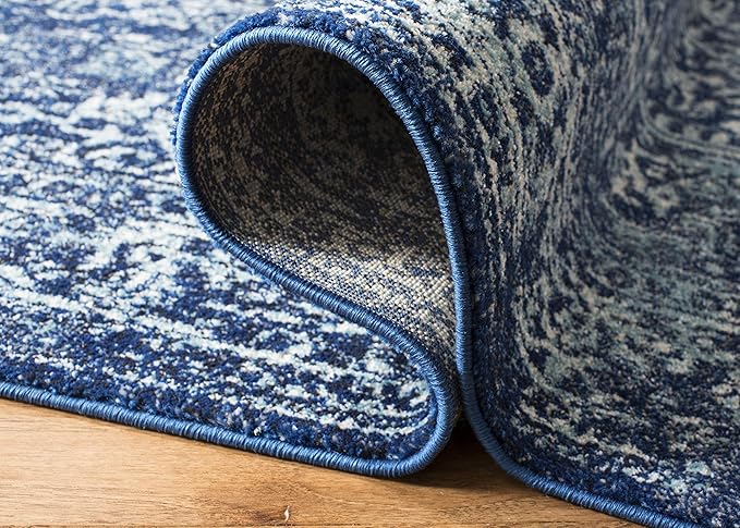 SAFAVIEH Evoke Collection Area Rug - 5'3" Square, Navy & Ivory, Distressed Design, Non-Shedding & Easy to Clean, Ideal for Living Room, Bedroom, Dining Space (EVK256A)