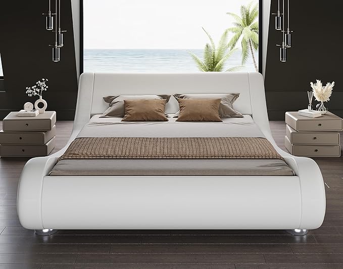 SHA CERLIN King Size Upholstered Bed Frame, Deluxe Low Profile Sleigh Bed with Faux Leather Ergonomics Headboard, No Box Spring Needed & Easy Assembly, White