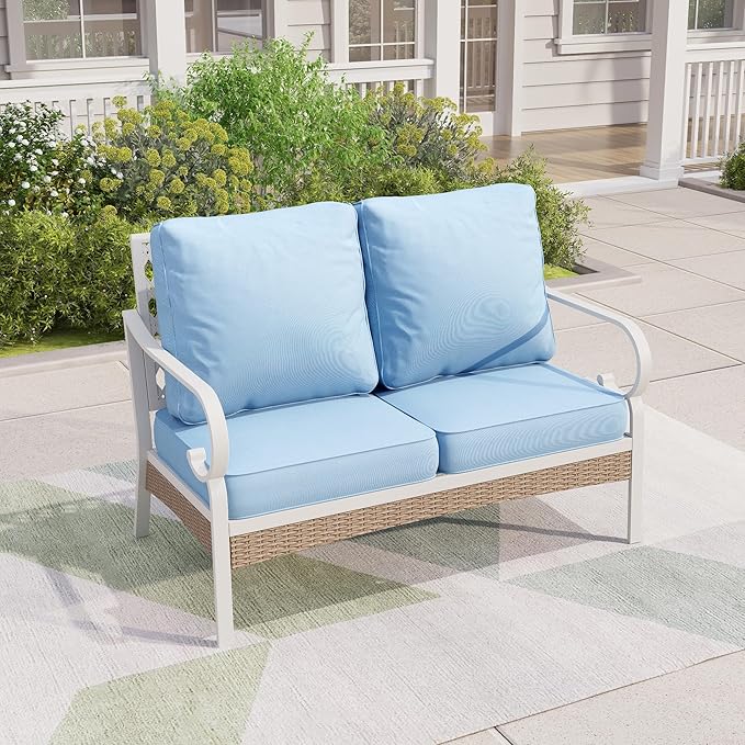 Patio Furniture Sofa, Love-Seat Patio Sofa Steel Frame Outdoor Sectional Couch with Deep Seating and 5.5” Cushions for Lawn Backyard Porch Deck, Blue