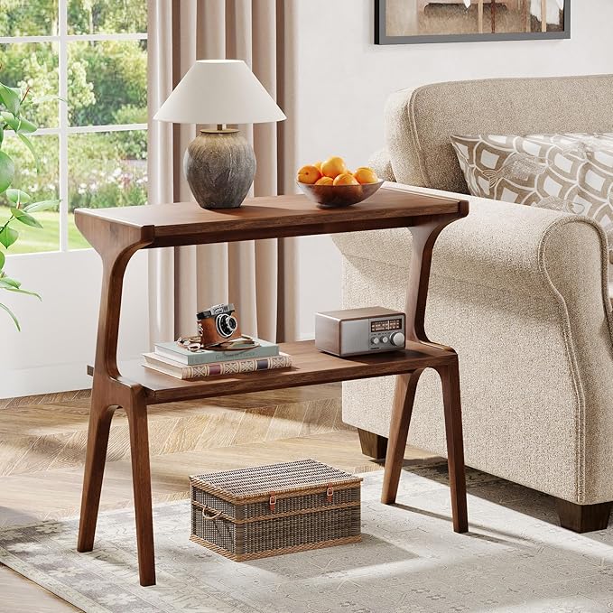 Tribesigns Solid Wood Side Table, 2-Tier Farmhouse Couch Side Table, Rustic Slim Tall Sofa End Table with Storage Shelf for Living Room, Skinny Bedside Table, Nightstand for Bedroom, Rustic Brown