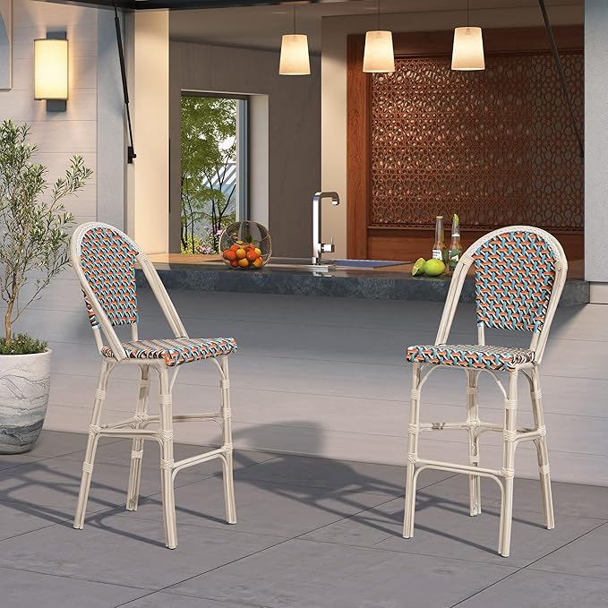 PURPLE LEAF French Counter Height Bar Stool Set of 2 25" White Print Finish Patio Bar Chairs with Back Rattan Bar Chairs French Bistro Set for Kitchen Outdoor Counter Stool Colorful