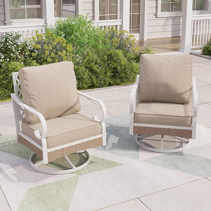 Outdoor Patio Swivel Sofa Chairs Set of 2 Steel Frame Porch Furniture with Deep Seating and 5.5" Cushions for Lawn Backyard Deck, Beige