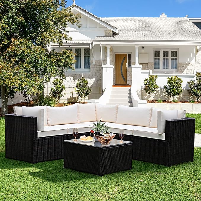 Tangkula 6 Pieces Patio Furniture Set, Outdoor Rattan Sofa Set, Wicker Conversation Set w/Tempered Glass Coffee Table & Cushions, Sectional Sofa Set for Backyard, Garden, Balcony, Poolside (Beige)