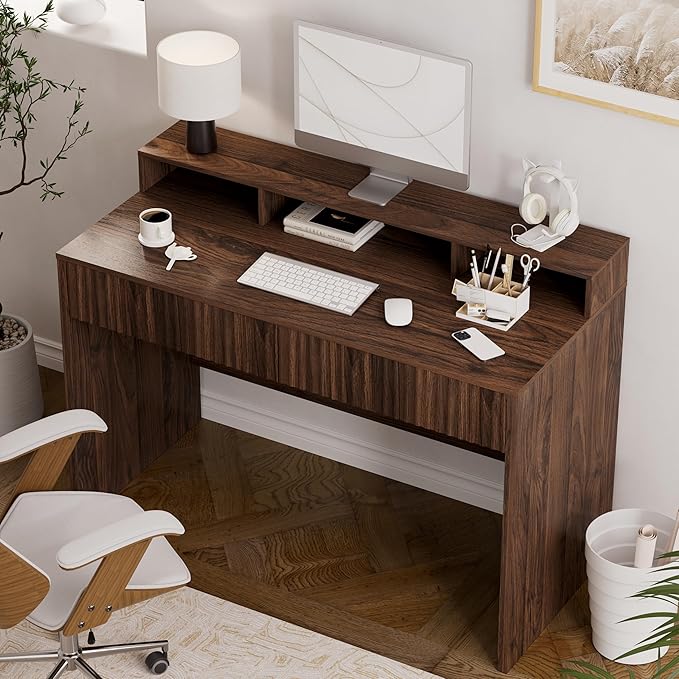 Fluted Executive Desk with Storage Shelf, 47" Modern Wood Home Office Desk with Long Monitor Stand & 2 Drawers, Writing Study Computer Table Vanity Desks, Brown