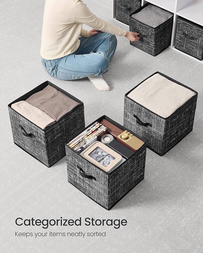 SONGMICS Storage Cubes, 13 x 13 x 13 Inches Non-Woven Fabric Bins with Double Handles, Set of 10, Closet Organizers for Shelves, Foldable, for Clothes, Ink Black UROB133B01