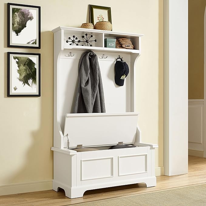 Crosley Furniture Campbell Hall Tree with Storage Bench and Coat Rack Hooks for Hanging, White