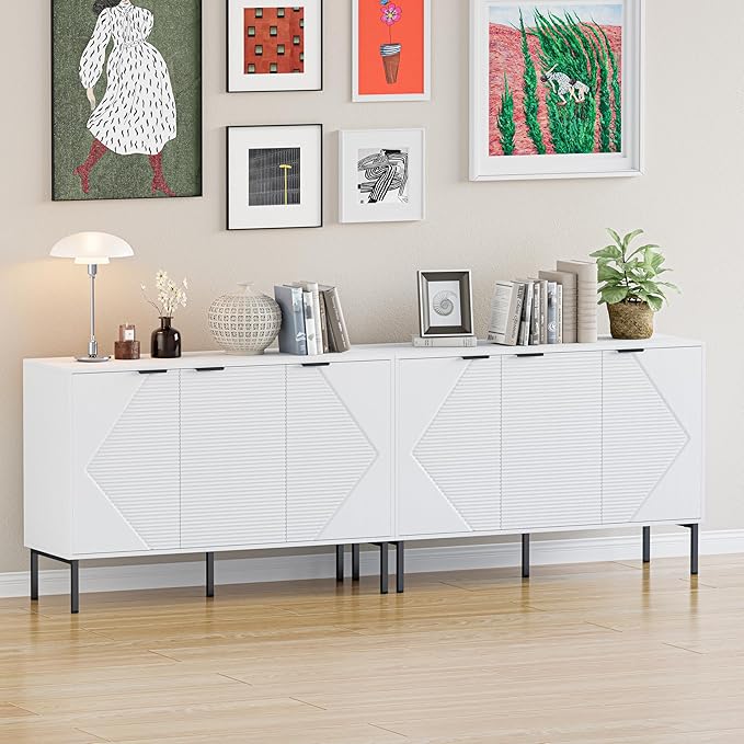 Kitchen Buffet Storage Cabinet Set of 2, Modern 3 Door Coffee Bar with Shelves, Wooden Fluted Entryway Cabinet for Dinning Room, Living Room (2, Embossed White)