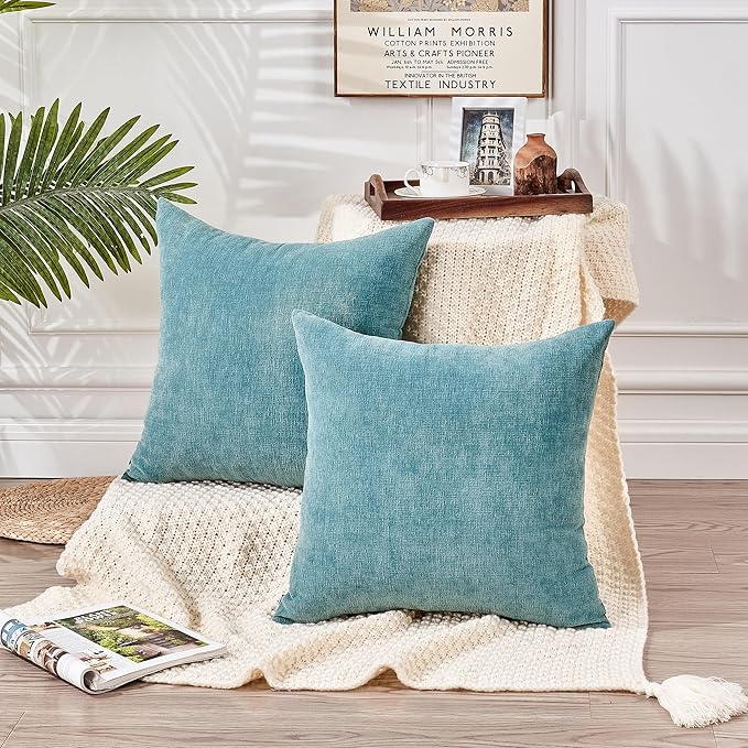 GAWAMAY Decorative Chenille Throw Pillow Covers 24x24 Inch Pack of 2, Soft Square Couch Pillow Cover for Sofa Cushion Living Room Bedroom Solid Dyed Pillowcases Smoke Blue 60x60cm (ONLY Covers)