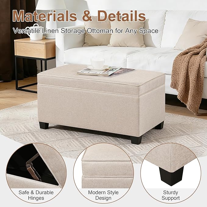 Adeco 31 Inches Storage Ottoman Bench, Non-Folding End of Bed Foot Rest Stools Ottoman with Thicker Foam Padded Seat, Upholstered Storage Chest for Living Room, Entryway, Bedroom