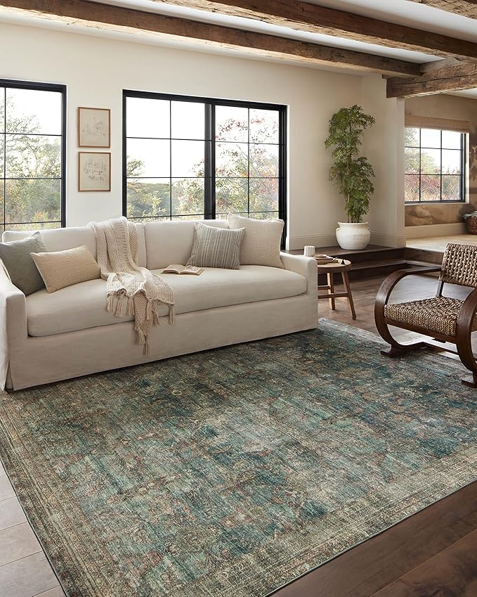 Loloi Magnolia Home by Joanna Gaines Banks Collection BAN-01 Ocean/Spice 5'-0" x 7'-6", .13" Pile Height, Machine Washable, Area Rug